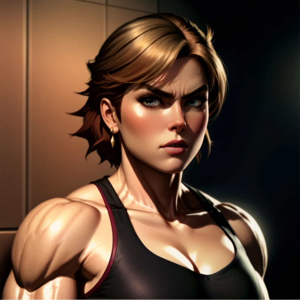 a ((selfie)) of a woman at the gym, smirking, ((beautiful hazel eyes)), sweaty, freckles, femshep face, muscular, sharp focus, highly detailed, digital photograph, indoor lighting, hyper realism, intricate, gritty, highly detailed, lifelike, photorealistic, instagram, photography by vanessa joy and vivian maier