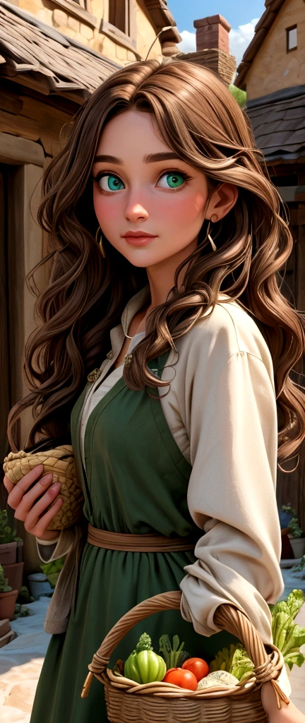 good quality:1.2), (Ultradetailed:1.2), (ultradetailed face:1.2), (ultradetailed body:1.2) In the picturesque village, Elara, a human woman with long, wavy brown hair and green eyes, helps her neighbor carry a basket of vegetables, her simple, earth-toned clothing reflecting her humble lifestyle."