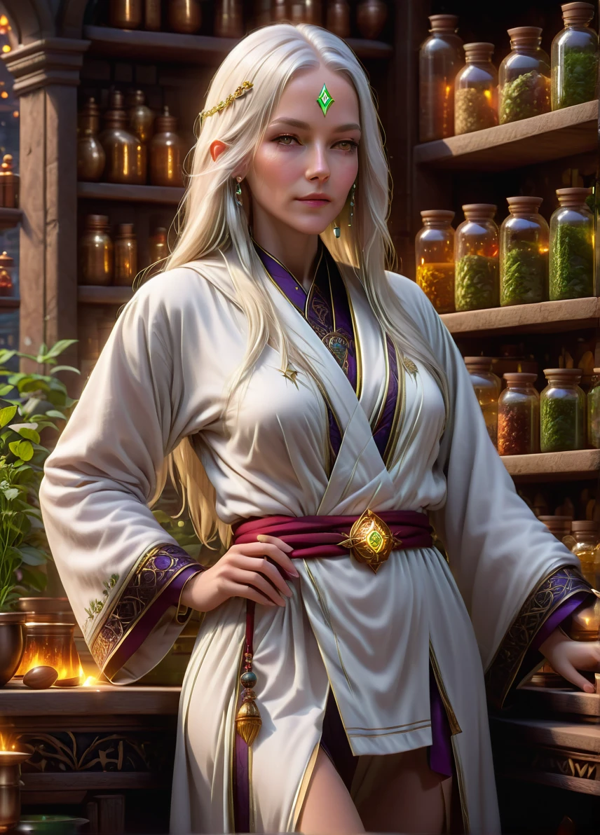 alchemist, (old slim female: 1.5), (white long hair: 1.1), (serious calm look: 1.5), skinny, arcana symbols and patterns, (white robe: 1.5), alchemy shop with herbs and potions, brewing potion, full shot, ((looking at viewer:1.2), (from side:0.8)), athletic, volumetric lighting dynamic lighting, real shadows, vibrant contrasting colors, style of Stephen Hickman and Stan Manoukian, ultra realistic, masterpiece, high quality, highres, sharp focus, intricate, sharp details, highly detailed, rich color, 8K,
