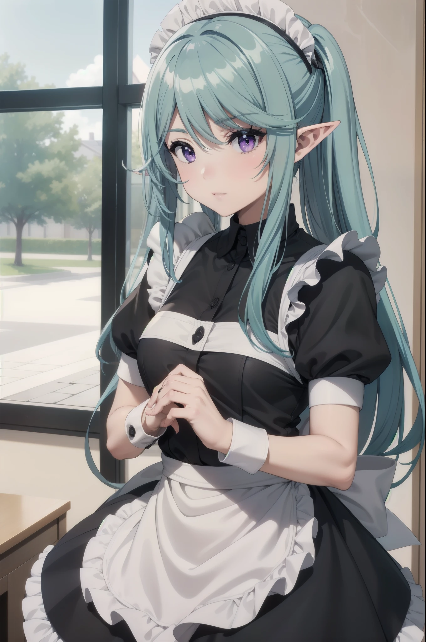 best quality, blue hair,,long hair,purple eyes,pointy ears,elf,,masterpiece, highres, solo, (maid:1.40), (long maid dress:1.15), anime_style, 14