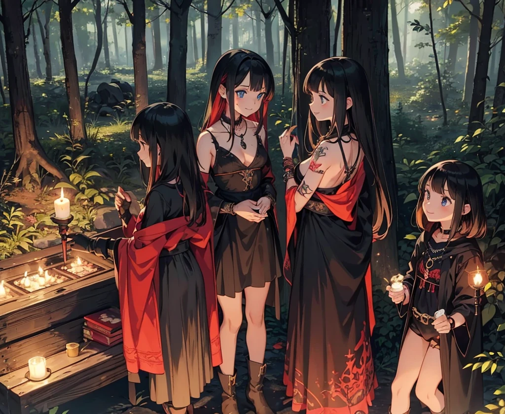 a group of beautiful witch girls in the middle of a forest in the night, tribal tattoo , red and black hair , standing girl young girl, gloves, elbow pads, boots, smiles, witch hat , small breasts, short black dress, necklaces, jewelry decorations , black red hair , red hair , black hair , blonde hair, blue eyes, full body,