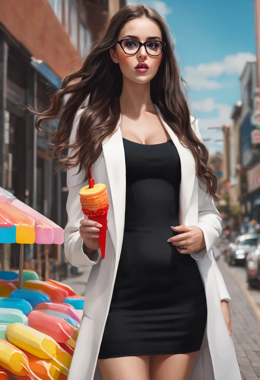 Tall girl,black dress, glasses,high heels,open coat , long hair, sucking popsicles ,ultra realistic, looking at the camera,close up