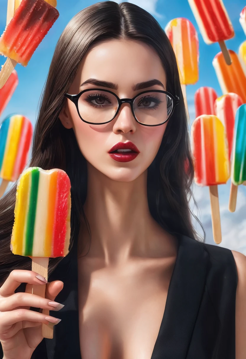 Tall girl,black dress, glasses,high heels,open coat , long hair, sucking popsicles ,ultra realistic, looking at the camera,close up