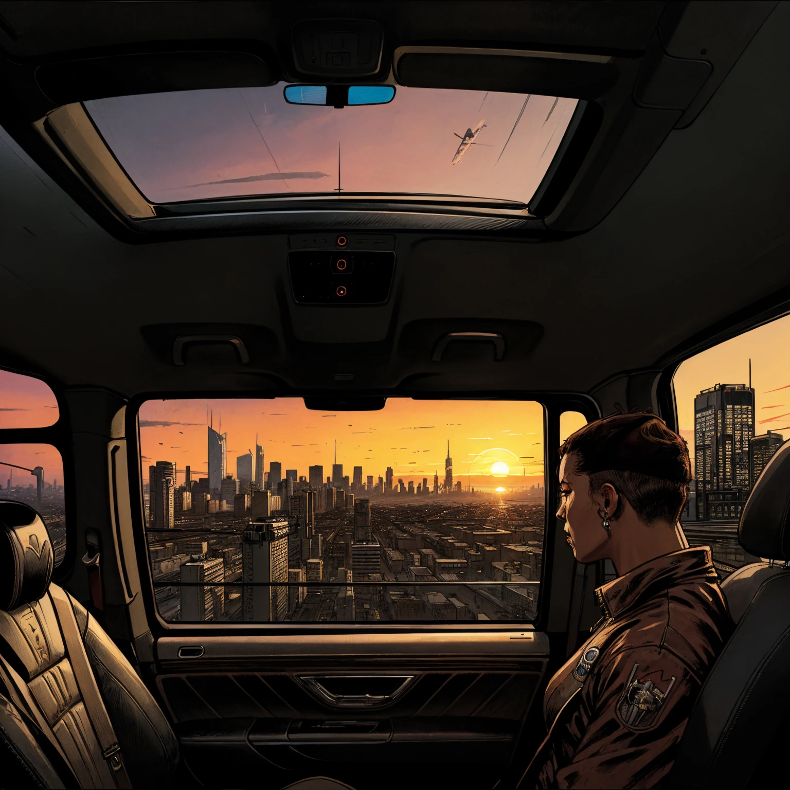 realistic illustration, sunset, cyberpunk city, (hip hop style), intricate details, cinematic, (in a muscle car), (car window looking out with city view), (in a car looking out)
