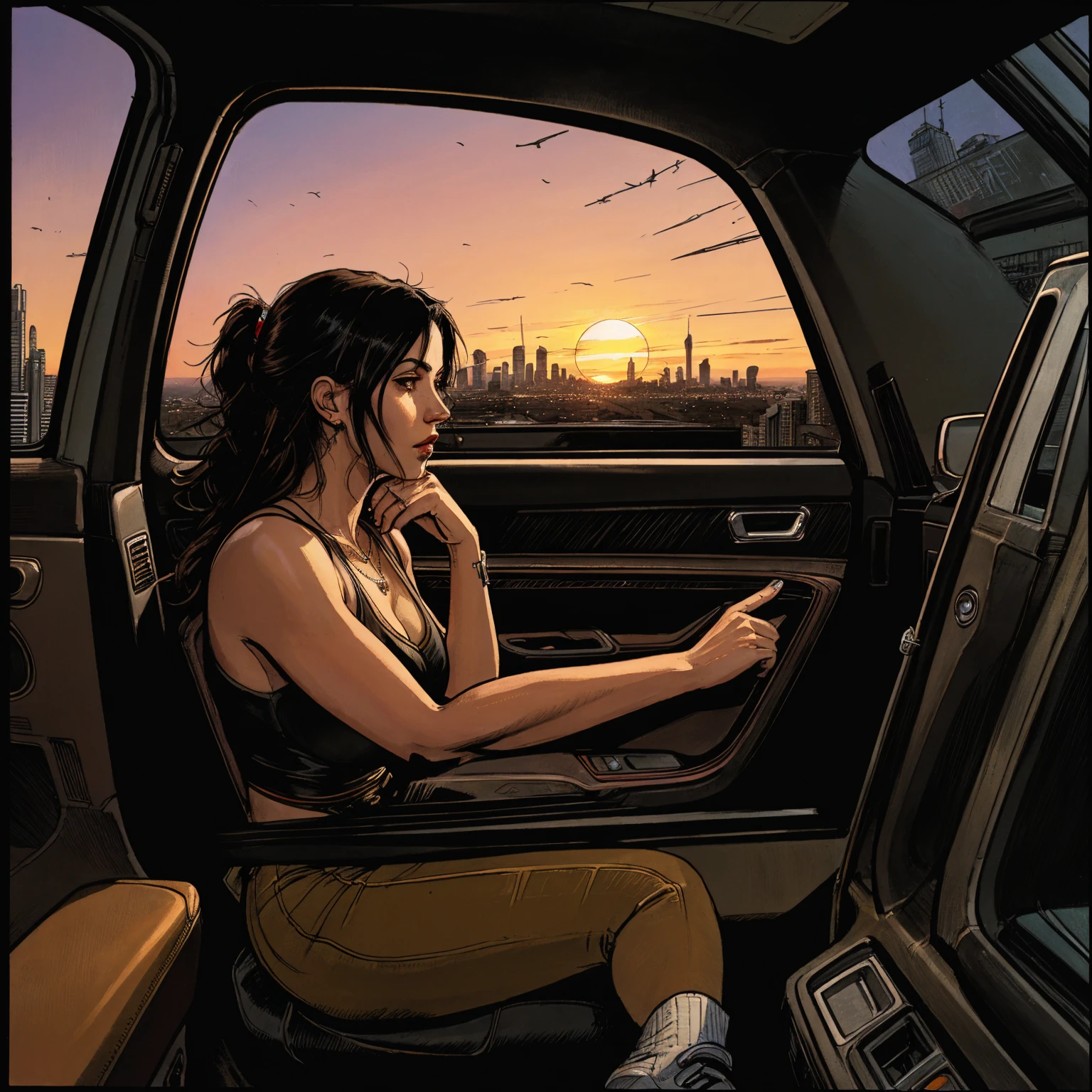 realistic illustration, sunset, cyberpunk city, (hip hop style), intricate details, cinematic, (in a muscle car), (car window looking out with city view), (in a car looking out)