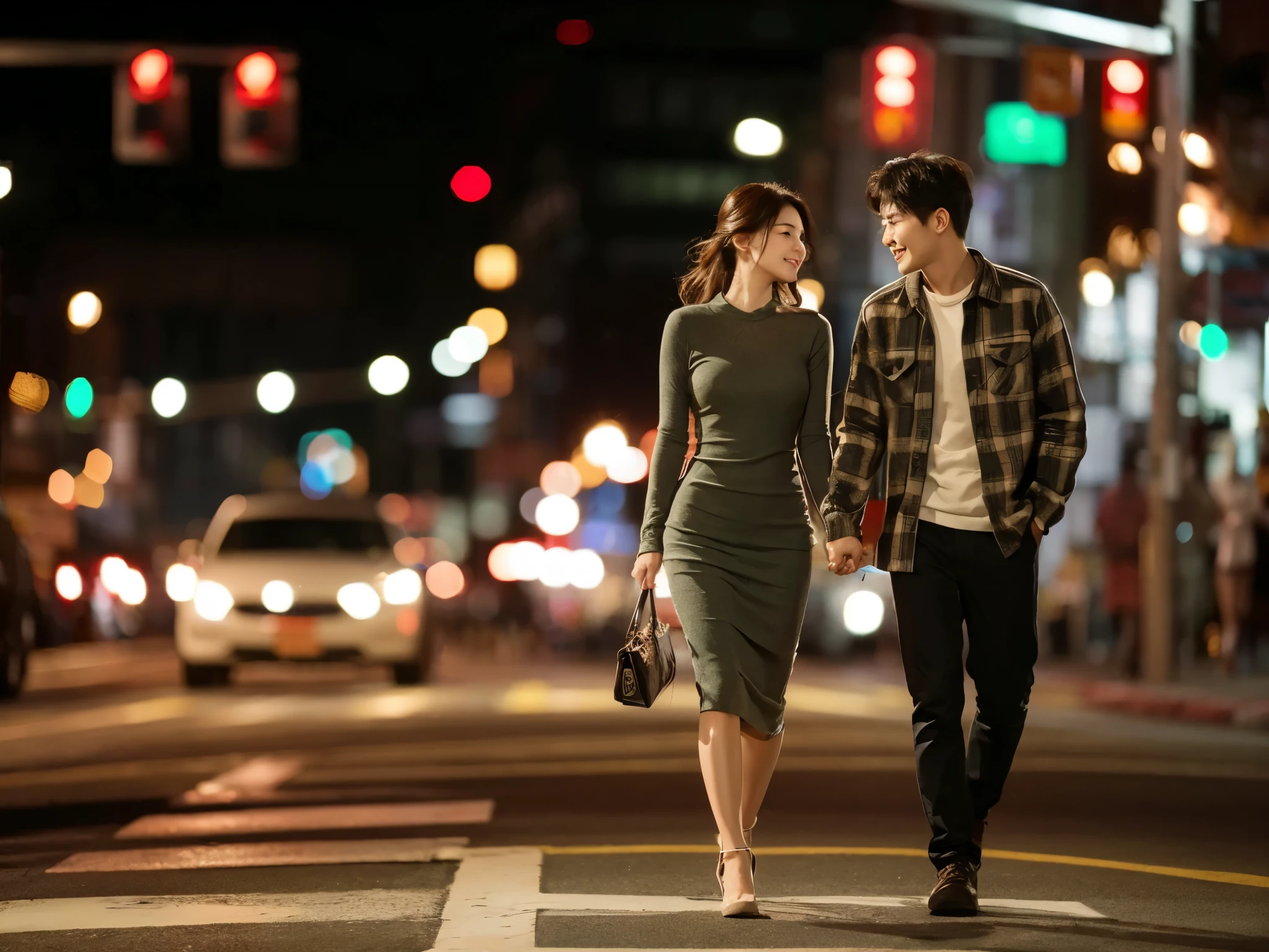 A striking, ultra-detailed image of a young Korean couple strolling hand-in-hand on a bustling night street. The man is dressed in a cozy flannel shirt,
while the woman is clad in a stylish, form-fitting dress. The city lights and traffic signals illuminate their surroundings, casting a warm, inviting glow. The couple's expressions convey a deep connection and passion, as they share a tender moment in the vibrant urban setting.