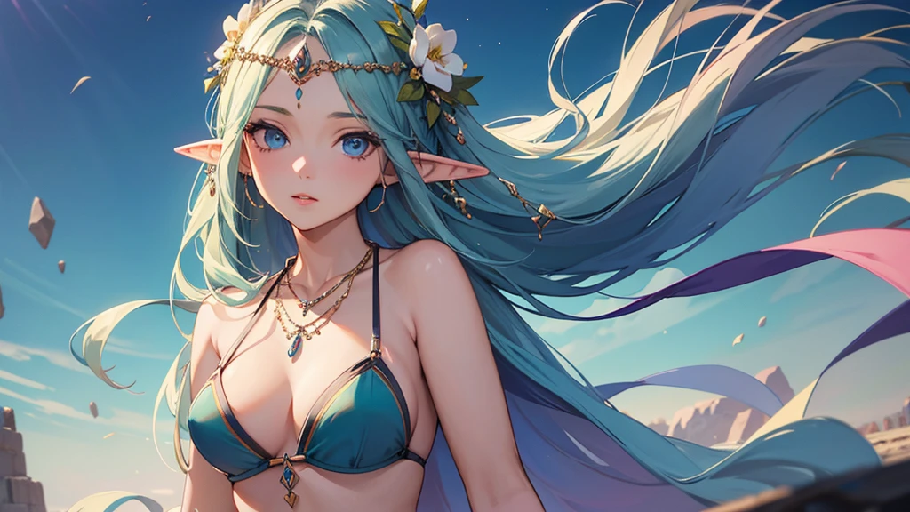 Elf、Official Art,(最high quality, masterpiece:1.2), Portrait Photography、1 Girl, 最high quality, masterpiece, High resolution, [purple|Sliver|green] _hair, Bikini accessories, necklace, jewelry, Beautiful Face, I&#39;m looking forward to, Full body image, Realistic, Outdoor, Modern Pool, Two-tone lighting, (Skin with attention to detail: 1.2), 8K Ultra HD, Digital SLR, Soft Light, high quality, Volumetric Light, Frank, RAW Photos, High resolution, 4K, 8K, Background Blur