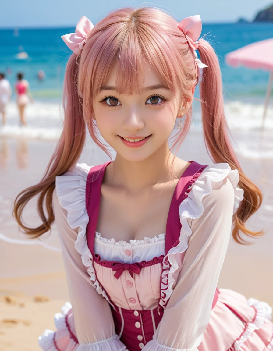 dynamic angle, (close up face), ultra detailed beautiful photograph, best quality, masterpiece, extremely cute and tender girl, cute pose, sweet smile, (petite), beautiful tender eyes symmetrical, (beautiful and detailed face), beautiful long twintail hair, (pastel pink hair:1.3), blunt bangs, nice hands, perfect hands, (pink:1.2 sweet cake-inspired motif frilly dress), a lot of frills, frilly long sleeves, pink lace cloak, Summer Frilly Audition, In the midst of the summer heat enveloping the beach, colorful frilly costumes sway on stage. The participants are dancing their hearts out to showcase their talents. Their smiles shine as bright as the sun.