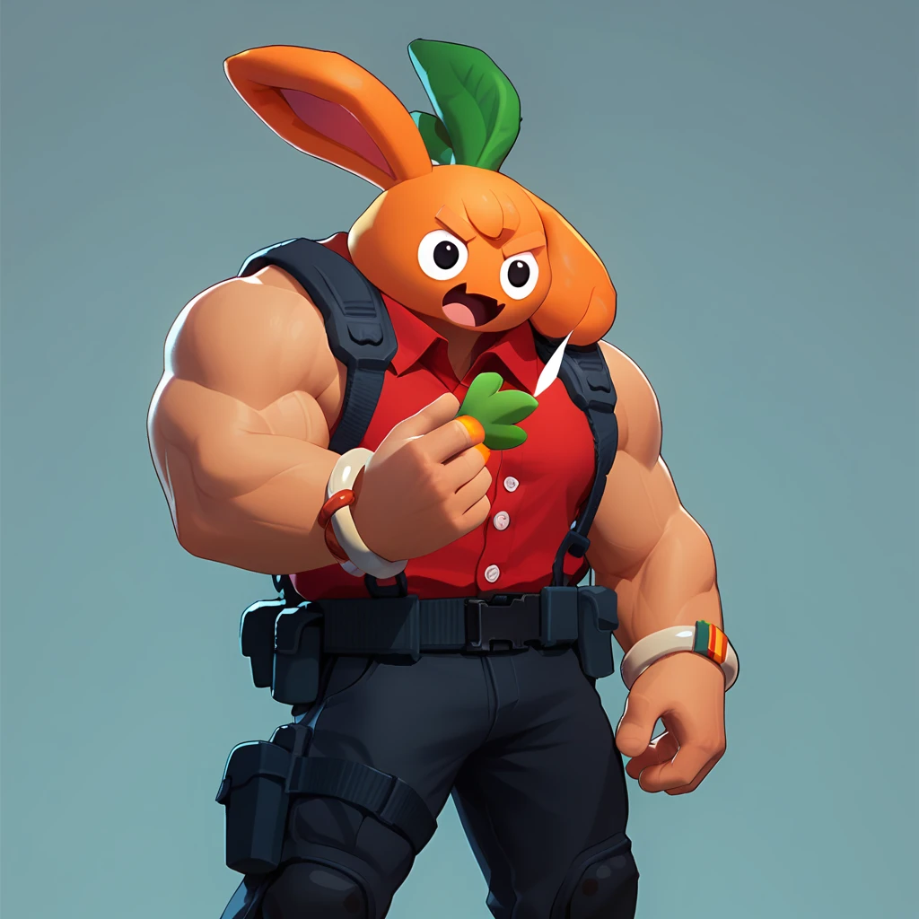 an carrot creature, in combat gear, military pants, muscular, bracelet with red button on the right hand