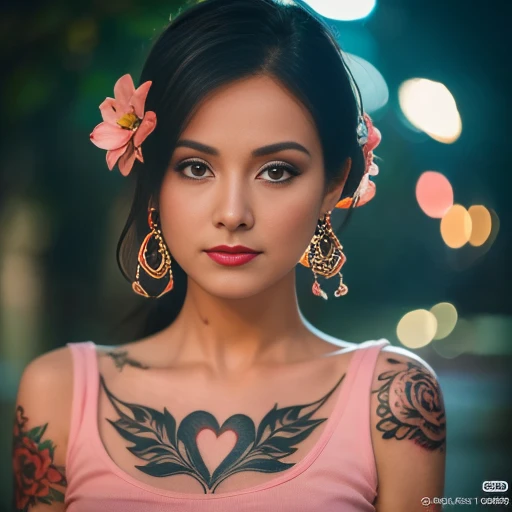 Araaf woman with a tattoo on her chest and flowers in her hair, Portrait, of Taiwanese girls with tattoos, Shot with Canon EOS R5, Shot with Canon EOS R5, Shot with a Nikon z9 camera., shot with canon eoa 6 d mark ii, ถ่ายด้วย canon eos 5 d mark iv, 1 3 5 mm. Portraitของ Nikon