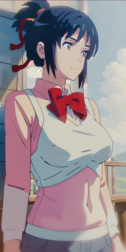 miyamizu_mitsuha, red bowtie,
jewelry, white yoga crop top, white yoga tight shorts, hands on chest,see-through, looking at viewer,  hair ornament, choker, shy,
(masterpiece, top quality, best quality, official art, beautiful and aesthetic:1.2), (1 girl), extreme detailed,  colorful, highest detailed,
(huge breasts:1.2, upper body, from below,  cameltoe,  ) white panties,
china city,street,  sun, cloud, wall, leaning,