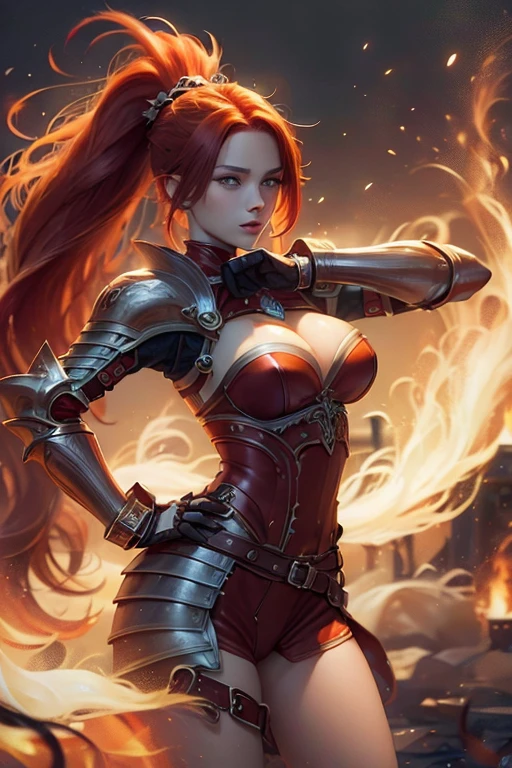 ultra high quality, excellent details, beauty, (red hair:1.5, long hair with ponytail), European woman, big breasts, hot, armor, sexy, 18 years, whole body,  (pose battle), horny look, 