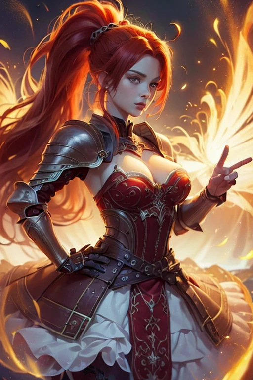 ultra high quality, excellent details, beauty, (red hair:1.5, long hair with ponytail), European woman, big breasts, hot, armor, sexy, 18 years, whole body, (pose battle), horny look,