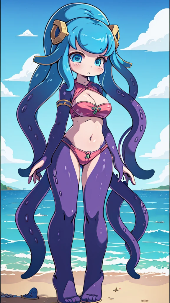 Beach Background，Huge girl，Octopus Girl，Blue Hair，Octopus hair，Tentacle hair，Tentacle Arm，Tentacle hair，Suction Cup Hand，Suction Cup Hand，There are no palms，Brachiopod Arm，Octopus hands，Tentacle arm，Octopus Girl，Giant girl，Giant女孩，cute，Giant女孩，Lower body soaked in the sea，几十米高的Huge girl，Octopus Girl，Giant女孩，Giant，Giant，Giant，Giant，Giant，Seaside background，Town Background，High-rise buildings，Street background，Close-up above the waist