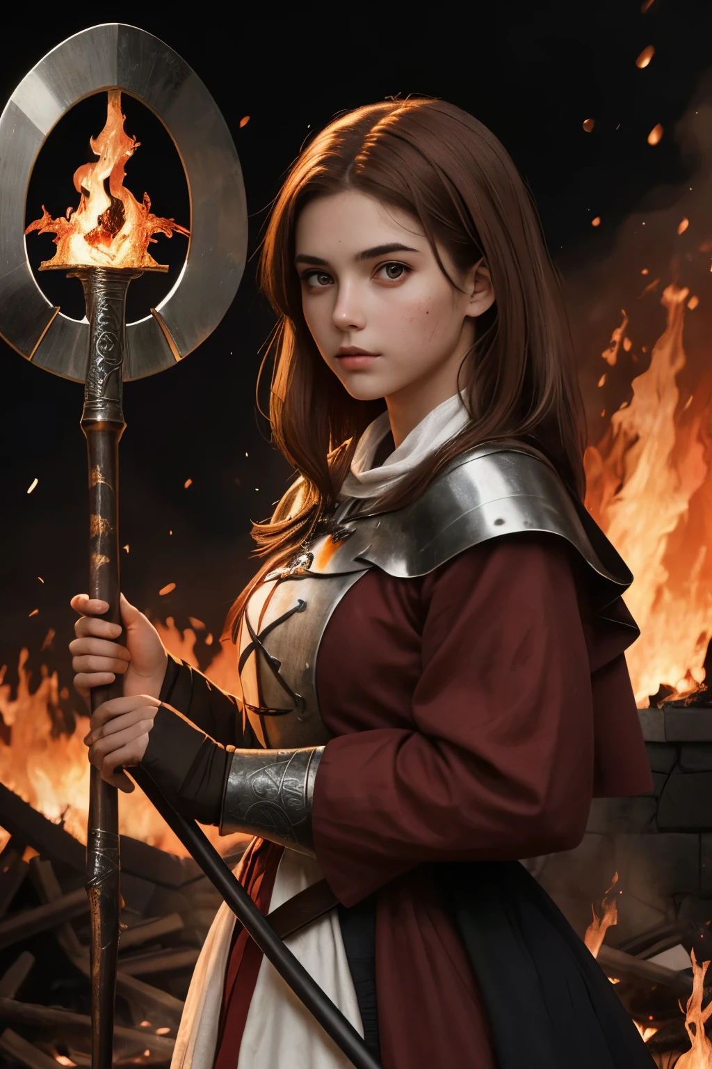 a girl with light brown hair with red highlights, scarlet eyes, medieval clothing, holding a scythe, with the power of fire. in a place of war