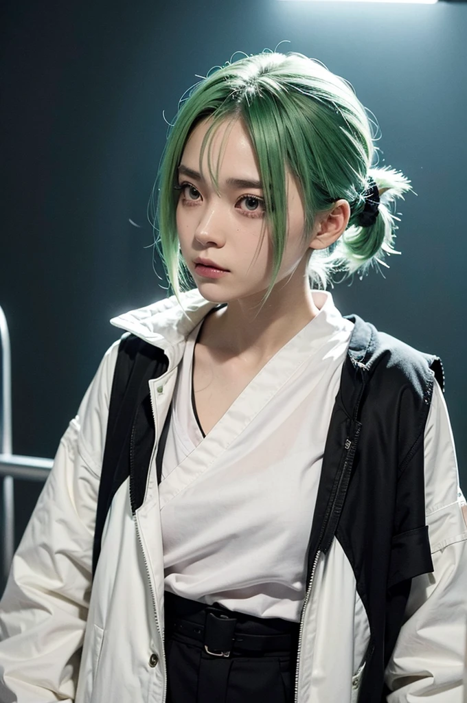 fluorescent green hair, Very short ponytail tied down , black eye, severe dark circles , droopy eyes , hospital patient clothes, psychopath , experiment , experiment체 ,Timid , dependent , heartless , night background , dark , Hikikomori , genderless , masculine , boy , man , Man , man 캐릭터 , unhappy , pitiful , pitiful