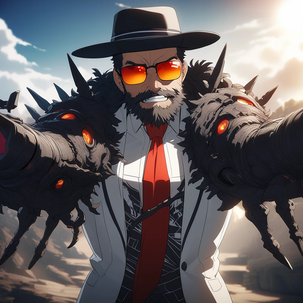 homen,slim and defined body,long messy hair,white suit,red necktie,black hat,sunglasses,scruffy beard,black gloves,stressed smile,Anime traits inspired by ONE PIECE,bathed in dramatic,Amazing lighting,infused with creative details,ultra-thin 2D drawing,incredible scenery,bathed in creativity,boasting anime resolution clarity,Anime graphics,octane rendering