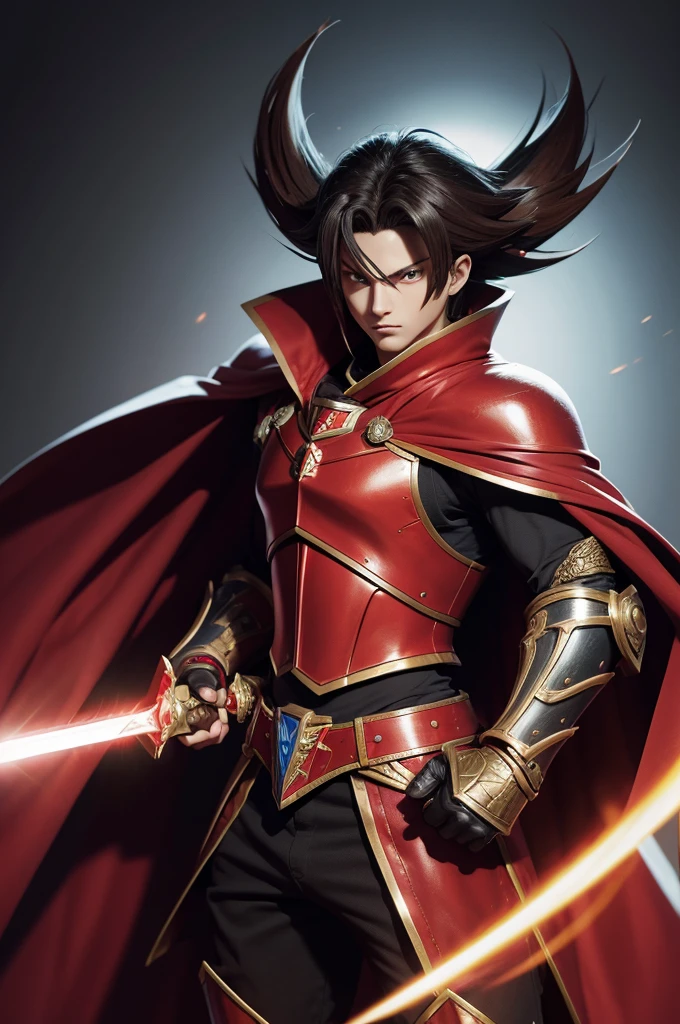stunning artwork in Yu-Gi-Oh style, highly detailed, 8k, armored warrior holding a long sword and wearing a red cape