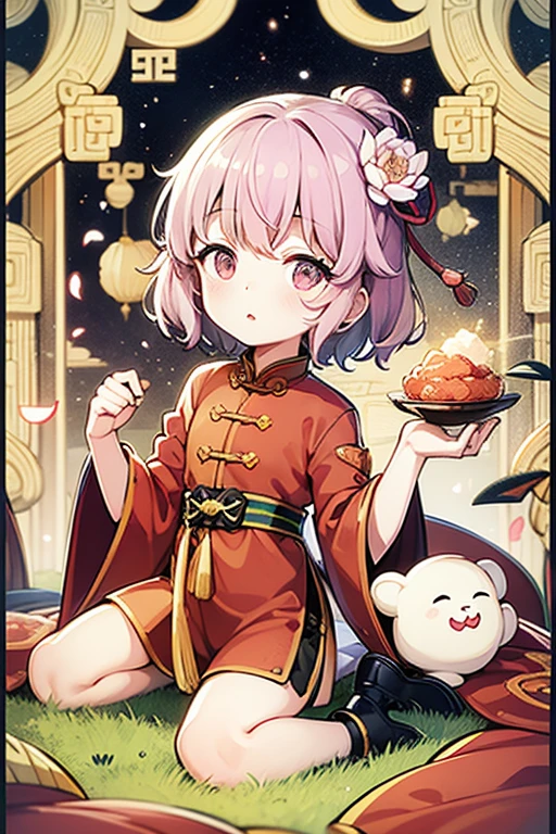Highest quality、masterpiece、Super detailed、girl１name、Young children、Chinese style、Illuminated by the summer sun、lotusの池のふもとで、Chinese clothing、Lotus flower、lotus、Pink Dress、Red color cloth button、Green outerwear、Gold Patterned Jacket、lotusの絵、Floral ornament、Golden ribbon、Chinese styleの靴、Colorful shoes、Cloth shoes、Strap shoes、Short Hair、lotusの花の髪飾り、Pink Hair