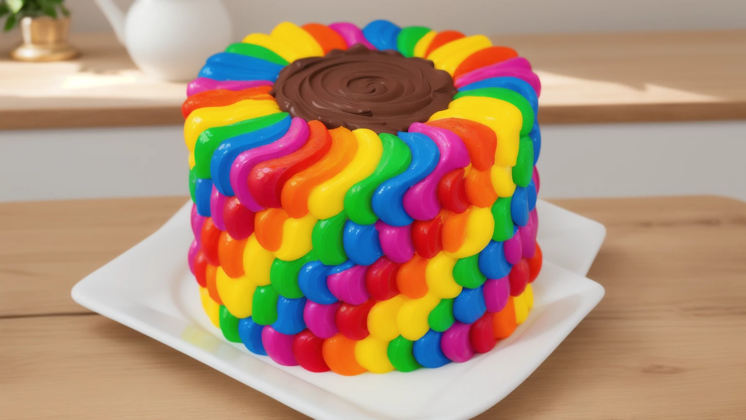 on a wooden table. there is a square white plate. rainbow cream cake. smears of cream in a checkerboard pattern, hole with chocolate drips on top, ((cream highlights)), against the background of the kitchen, Kitchenware, vases with plants, Beautiful light from the window, contour light, Multiple light sources, beautiful sunlight, Bright light source, bright lighting, beautiful light sources, Multiple light sources, Realistic style , realistic texture, detailed texture, A high resolution, high quality, macro photography