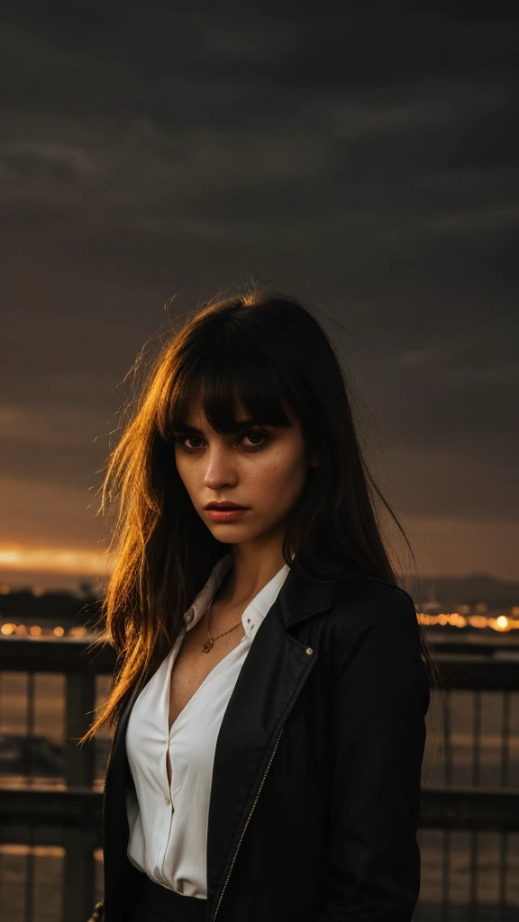 a detailed portrait of a beautiful young woman with long dark floating hair and bangs, wearing a black jacket over a white shirt, a yellow tie, and a black skirt, in a dramatic cinematic lighting with dark shadows and intense highlights, set against a cityscape background with a sunrise sky and sunbeam effects, extremely detailed facial features and eyes, masterpiece, best quality, 8k, ultra-detailed, photorealistic, dramatic lighting, warm golden tones, moody atmosphere