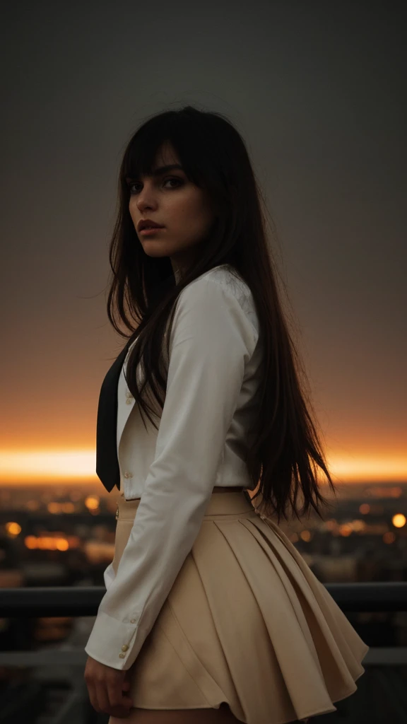 a detailed portrait of a beautiful young woman with long dark floating hair and bangs, wearing a black jacket over a white shirt, a yellow tie, and a black skirt, in a dramatic cinematic lighting with dark shadows and intense highlights, set against a cityscape background with a sunrise sky and sunbeam effects, extremely detailed facial features and eyes, masterpiece, best quality, 8k, ultra-detailed, photorealistic, dramatic lighting, warm golden tones, moody atmosphere