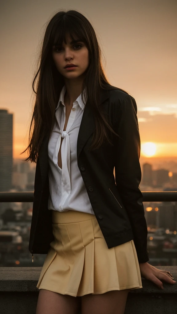 a detailed portrait of a beautiful young woman with long dark floating hair and bangs, wearing a black jacket over a white shirt, a yellow tie, and a black skirt, in a dramatic cinematic lighting with dark shadows and intense highlights, set against a cityscape background with a sunrise sky and sunbeam effects, extremely detailed facial features and eyes, masterpiece, best quality, 8k, ultra-detailed, photorealistic, dramatic lighting, warm golden tones, moody atmosphere