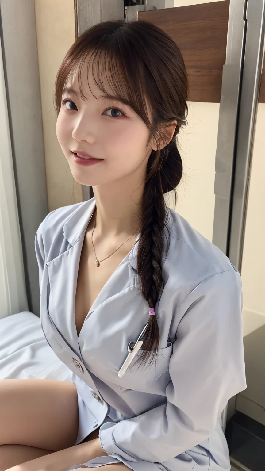 Nurse having sex、Highest quality、Highest quality、Super detailed、Particles of light:0.5、、Hospital room、Beautiful Eyes、Natural Texture、、French Braid、Body wet with semen、Wet vagina、Exposed female genitalia、、Vagina in full view、、Male genitalia enter female genitalia、Small and beautiful female genitalia、White nurse uniform、A little cleavage