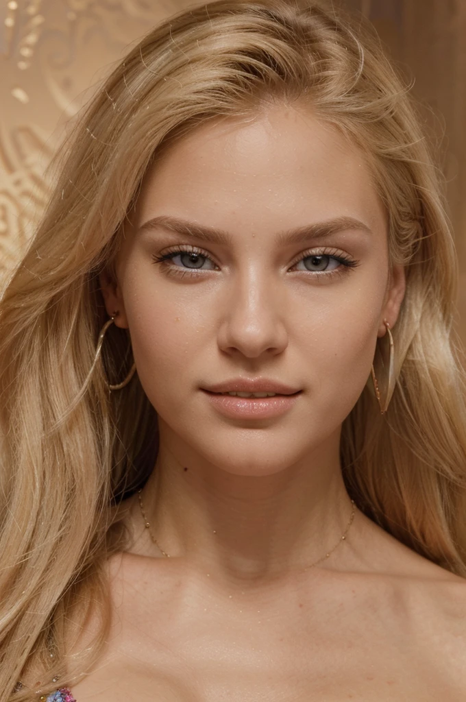 Create super high resolution 3d close-up image of a blonde Bella. 24 years old. Long blonde hair. Wears an earrings, necklece. Hyper realistic. Ultra detailed. Sharp focus. The image is rendered in animated art style, ensuring a visually stunning presentation in 8K resolution. Colorful background. Perfect teeth.