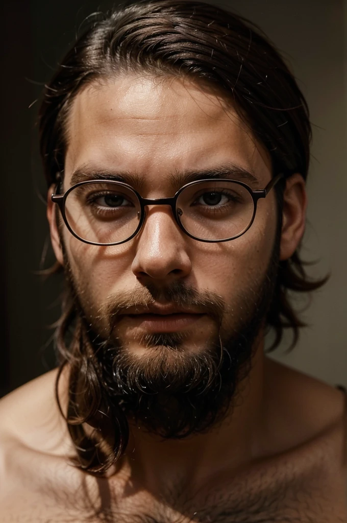 A close-up photograph of a young man with a beard, wearing glasses and a thoughtful expression, every strand of hair and texture of skin clearly visibl