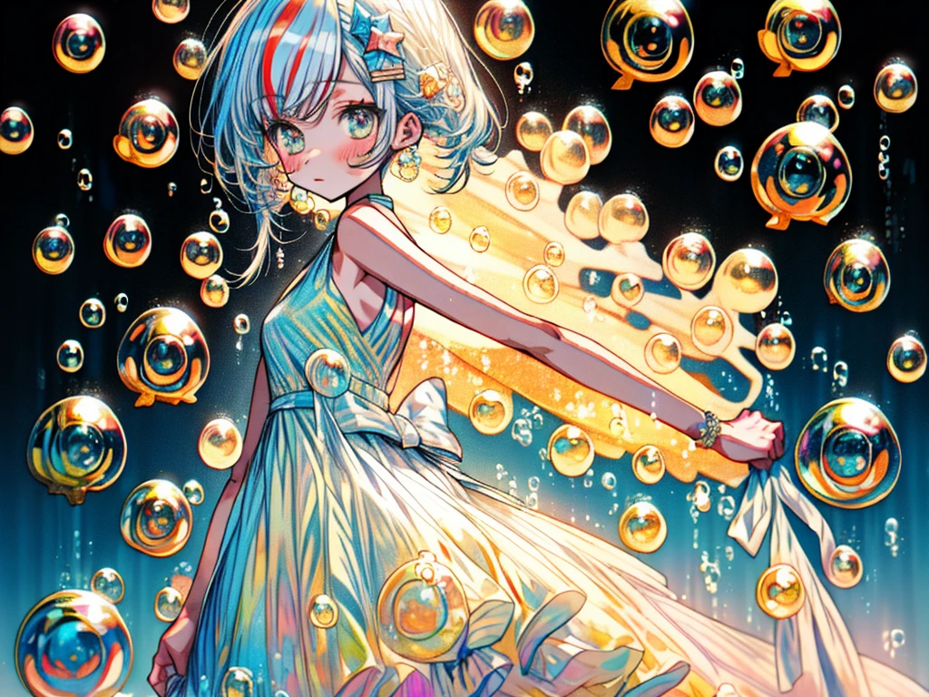 1girl, kawaii, solo, long hair, looking at viewer, bangs, golden eyes, (many bubbles background:1.5), hair ornament, white background, white laced dress, bow, bare shoulders, jewelry, platinum sky blue hair, standing,  upper body, barefoot, sleeveless, streaked hair, bare arms, bare legs, portfolio, portrait, blue dress, backless outfit, backless dress, splash water, blue theme, glitter,shiny