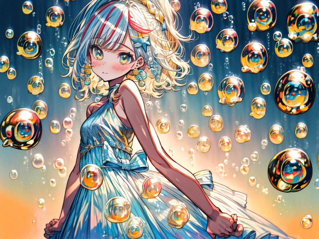 1girl, kawaii, solo, long hair, looking at viewer, bangs, golden eyes, (many bubbles background:1.5), hair ornament, white background, white laced dress, bow, bare shoulders, jewelry, platinum sky blue hair, standing,  upper body, barefoot, sleeveless, streaked hair, bare arms, bare legs, portfolio, portrait, blue dress, backless outfit, backless dress, splash water, blue theme, glitter,shiny