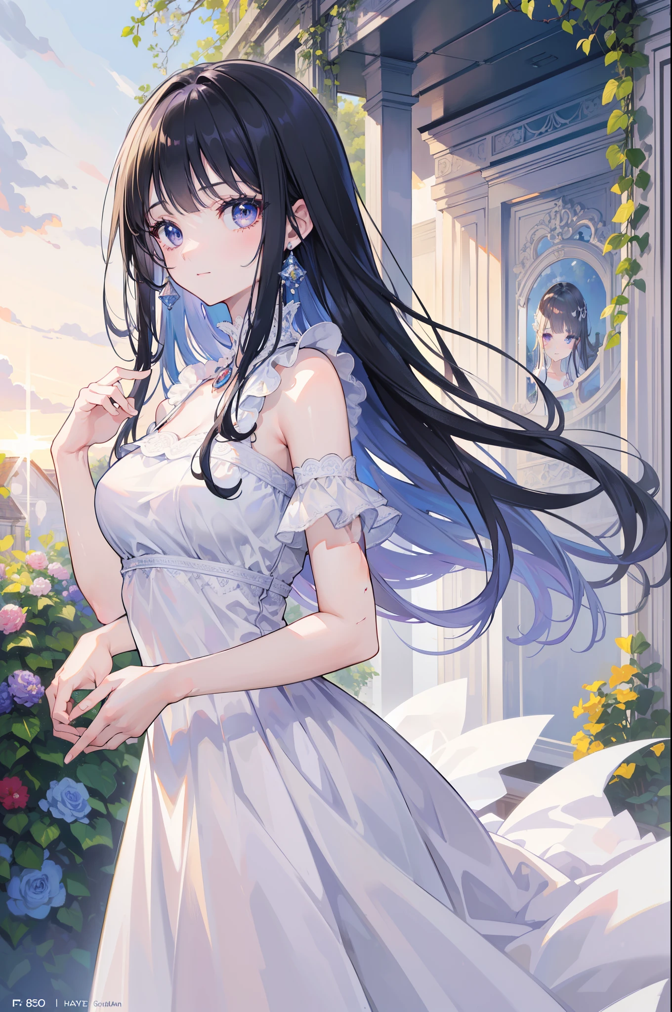 (masterpiece),(Top quality),(Extremely detailed),(high resolution),(8K Animation),(Beautiful and delicate face),(Beautiful and delicate eyes),(Anatomically correct),(Keep your head small),1 Girl,Black Hair,curls,(Big round eyes),Bangs,[Lavender-colored eyes:(blue eyes):0.55],A gentle smile,White Dress,(Garden),Soft sunlight,Tea 