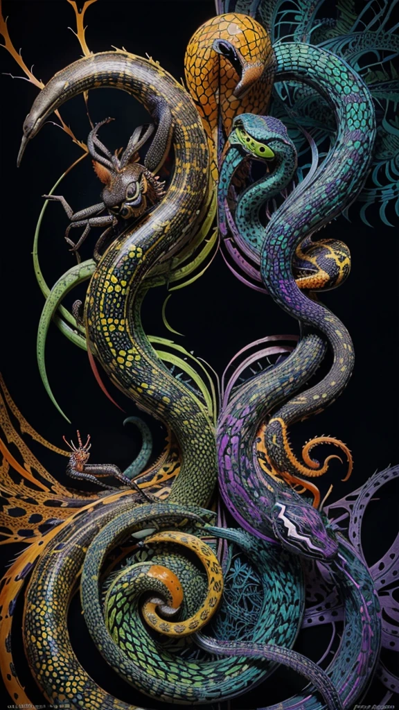 "Create a picture of various poisonous animals, using vibrant colors and abstract patterns. Image must include snakes, spiders, scorpions, poisonous frogs and jellyfish, all stylized with geometric shapes and psychedelic patterns. Use an intense and contrasting color palette, like neon greens, purple, reds, electric oranges and blues, to highlight the dangerousness and beauty of these animals. The composition must be artistically harmonious, with each animal displaying unique and complex patterns that highlight their venomous characteristics. The image should convey a sense of mystery and fascination, capturing the dangerous and mesmerizing essence of these beings through a surreal and impactful visual style."