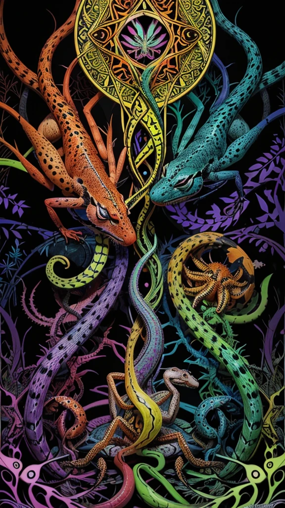 "Create a picture of various poisonous animals, using vibrant colors and abstract patterns. Image must include snakes, spiders, scorpions, poisonous frogs and jellyfish, all stylized with geometric shapes and psychedelic patterns. Use an intense and contrasting color palette, like neon greens, purple, reds, electric oranges and blues, to highlight the dangerousness and beauty of these animals. The composition must be artistically harmonious, with each animal displaying unique and complex patterns that highlight their venomous characteristics. The image should convey a sense of mystery and fascination, capturing the dangerous and mesmerizing essence of these beings through a surreal and impactful visual style."