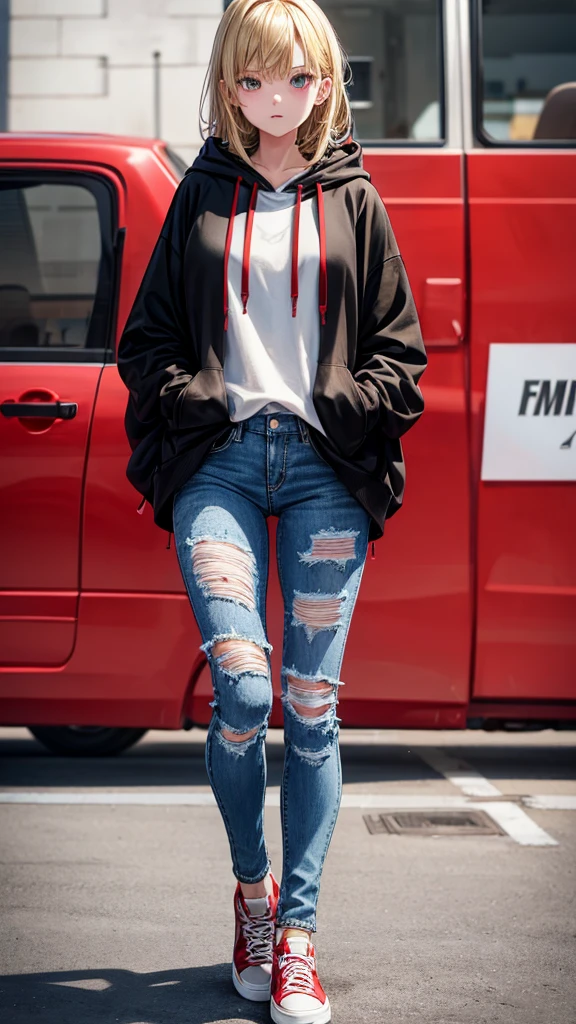 solo, 1 girls, blonde, ripped jeans, long jeans, black and red hoodie, oversized hoodie, red and black hoodie, shoes sport