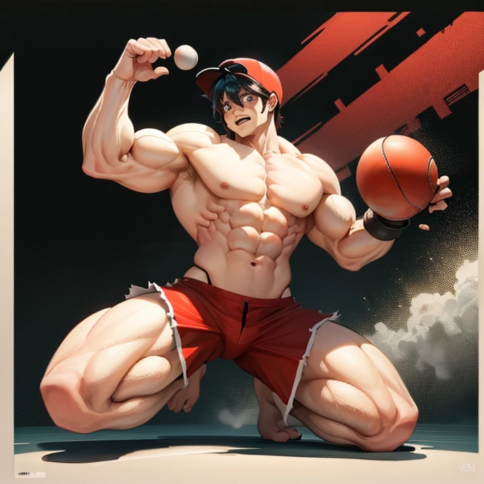 (A detailed drawing of red with a red baseball cap on his head , Bodybuilding-Fitnessstudio.), With a naked torso, oiled body, Ripping clothes, the strongest of all, huge muscular body, big Bizeps, big shoulders, Muscle legs,abs, Barefoot, Martial arts, high step, Full body image, side chest, Wrestling match won , beserk, bearhug