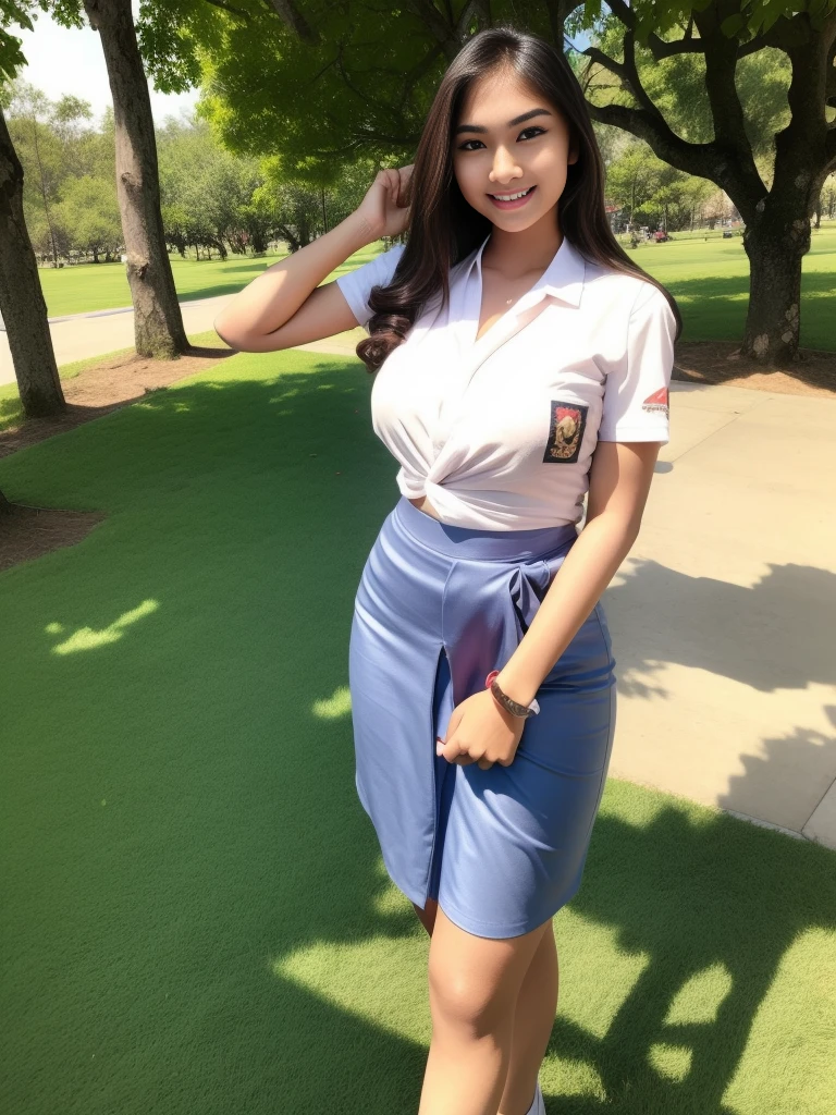 Indonesia, Ariel Tatum, 1girl, (highschool uniform), standing, outdoors, detailed face, detailed eyes, huge breasts, shiny skin, indonesian face, looking at the audience,(8k, RAW photo, best quality, masterpiece: 1.2), (realistic, realistic: 1.37), ultra-high resolution, wide view