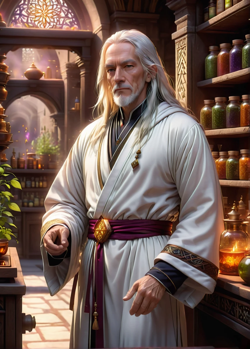 alchemist, (old slim male: 1.5), (white long hair: 1.1), (serious calm look: 1.5), skinny, arcana symbols and patterns, (white robe: 1.5), alchemy shop with herbs and potions, brewing potion, full shot, ((looking at viewer:1.2), (from side:0.8)), athletic, volumetric lighting dynamic lighting, real shadows, vibrant contrasting colors, style of Stephen Hickman and Stan Manoukian, ultra realistic, masterpiece, high quality, highres, sharp focus, intricate, sharp details, highly detailed, rich color, 8K,