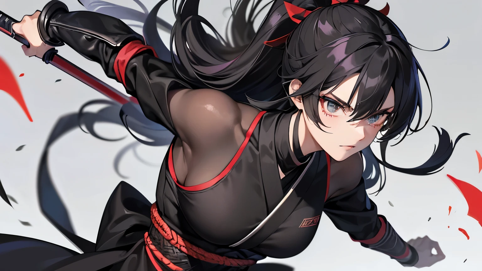 Black clothes。Black Mask。Female Ninja in her 20s。 Female ninja。sexly。Erotic。Running with her black hair fluttering。Speed。beautiful girl。Handsome。Shuriken in hand。Great style。whole body。The background of the battle scenes is a traditional Japanese building。
