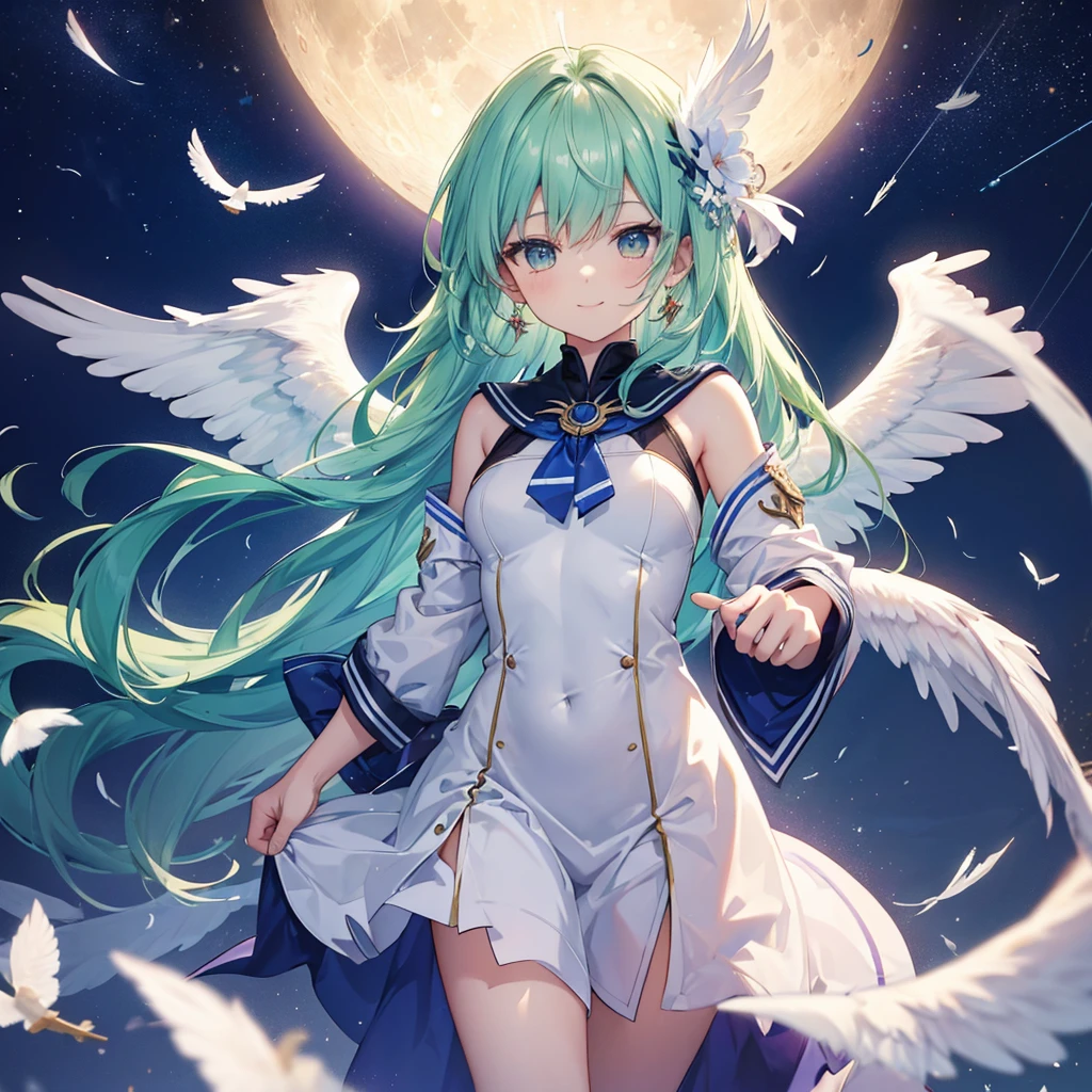 (((Archangel))) ((fluffy feathers smile Big feather)),((White Dove Big full moon)),(End of the Galaxy shooting star Drop shoulder Sailor suit Shiny Earrings Green Hair Long Hair), Shining Edge Shining Background