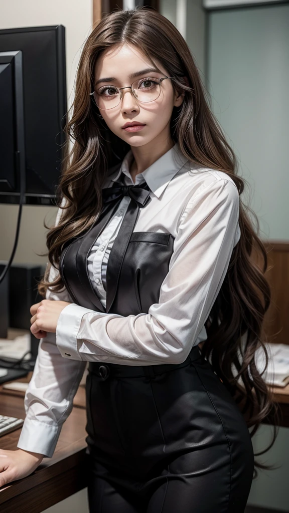 female brazilian game character, who wears formal clothes working in criminal forensics, round glasses long wavy hair and brown eyes