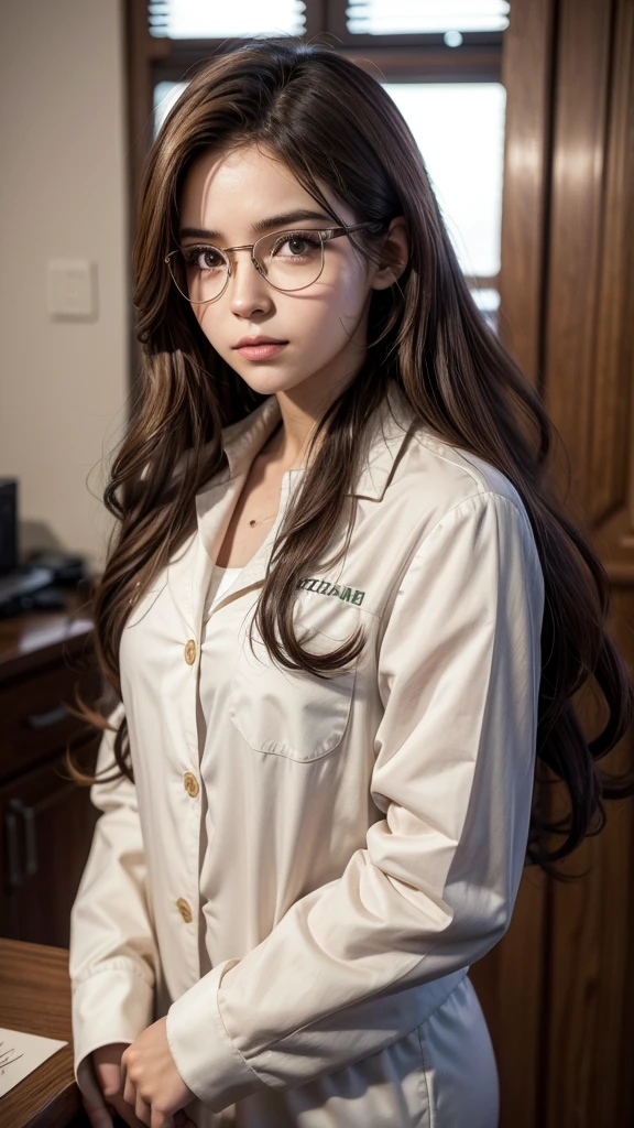 female brazilian game character, who wears formal clothes working in criminal forensics, round glasses long wavy hair and brown eyes