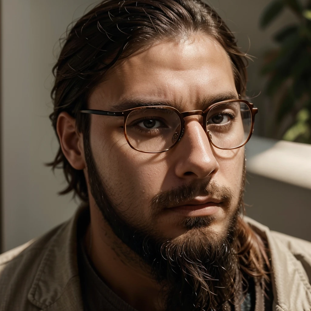 A close-up photograph of a young man with a beard, wearing glasses and a thoughtful expression, every strand of hair and texture of skin clearly visibl