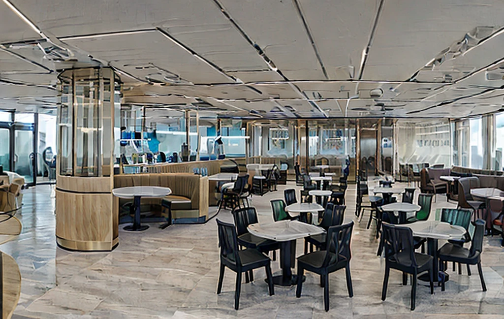 Modern style coffee shop design, white flat ceiling, ceramic tiled floor, Masterpiece photo quality, Luxurious