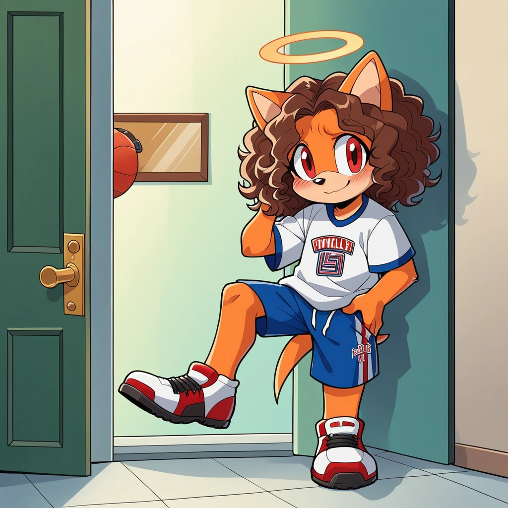 score_9, score_8_up, mobian, solo, hedgehog, two-tone fur ((orange fur, brown fur)), wearing an Oversized American Football shirt, stepping out of a Bentley, two-tone hair (brown hair, black tip)), curly hair, halo, sunglasses, jewelry, red eyes, longeyelashes, red eyes, smile, shy, blush, she's at the palace, with servants waiting at the door.