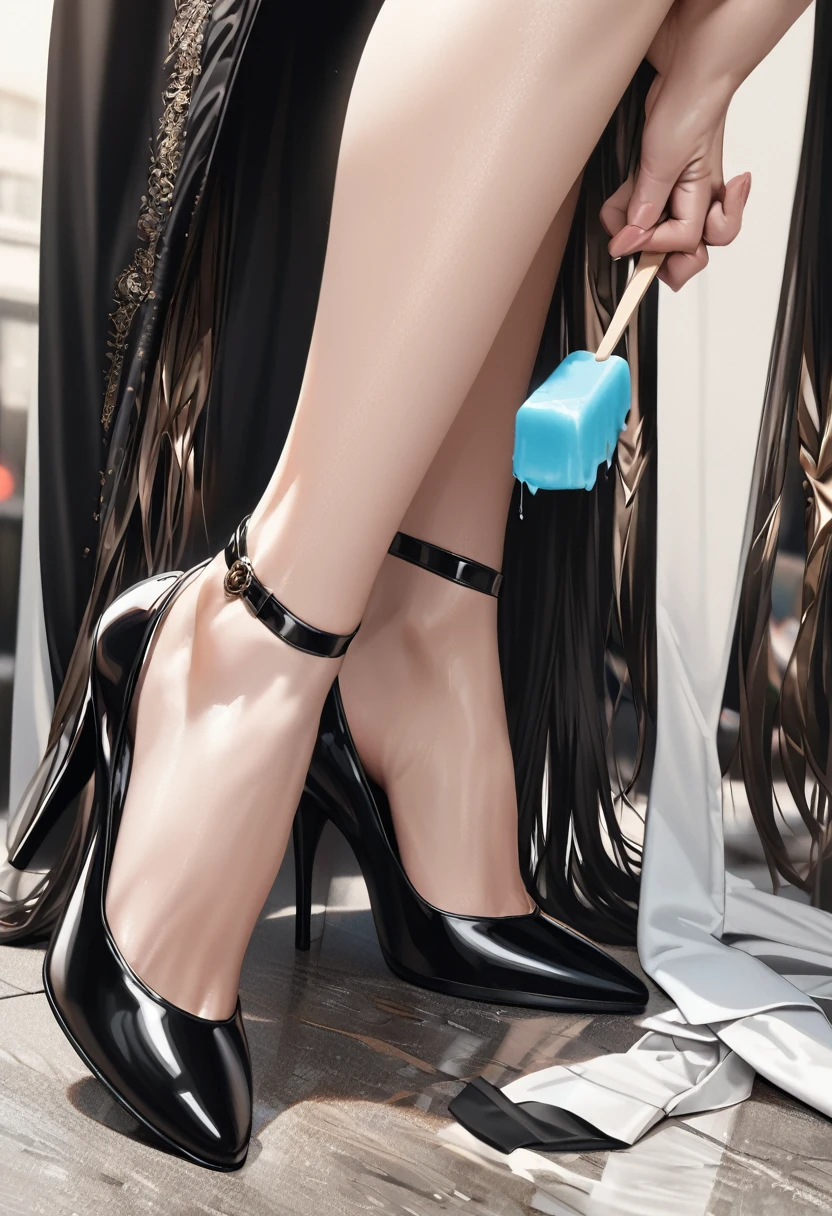 Tall girl,black dress, glasses,high heels,open coat , long hair, sucking popsicles ,ultra realistic, looking at the camera,close up