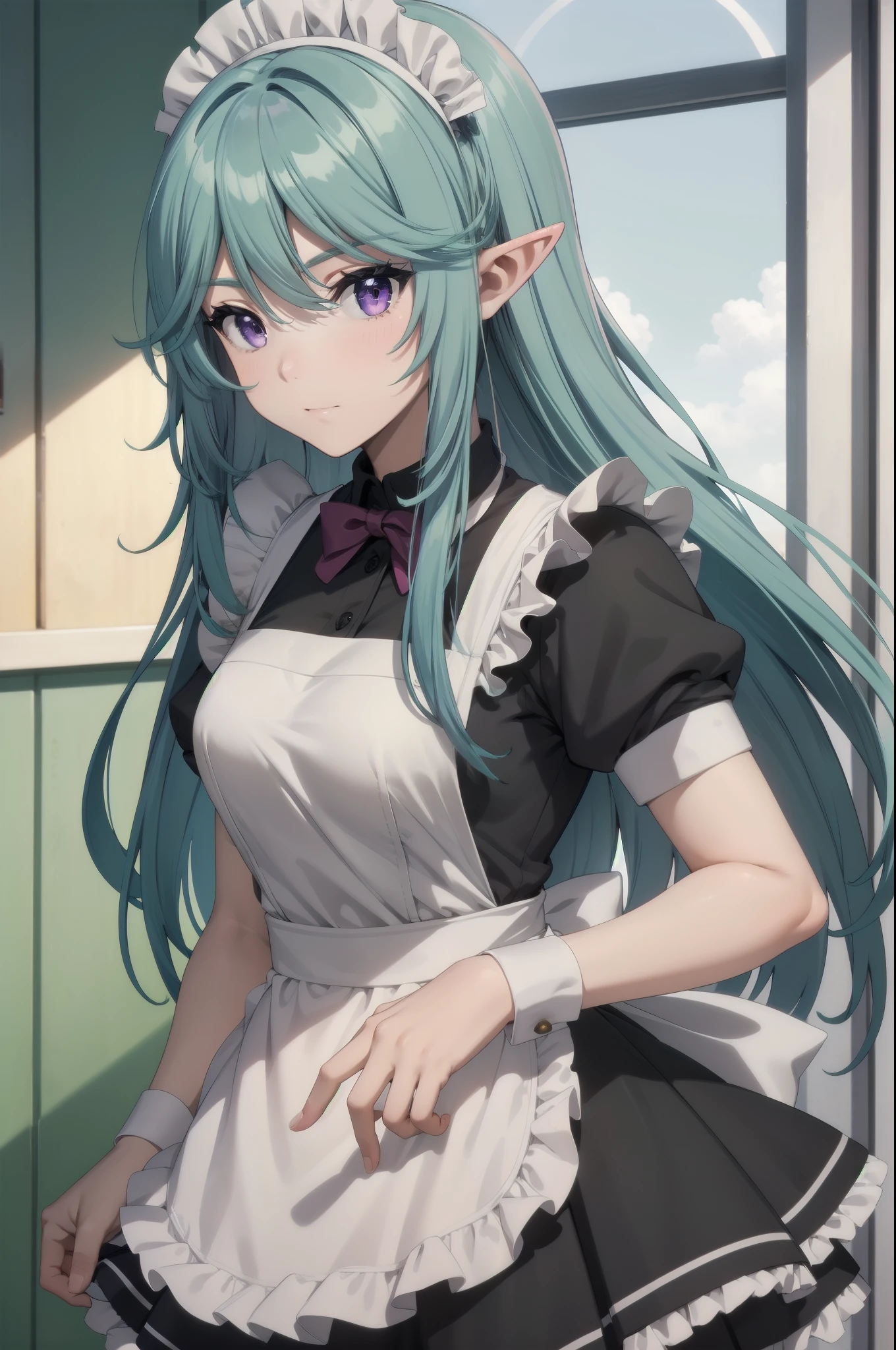 best quality, blue hair,,long hair,purple eyes,pointy ears,elf,,masterpiece, highres, solo, (maid:1.40), (long maid dress:1.15), anime_style, 14
