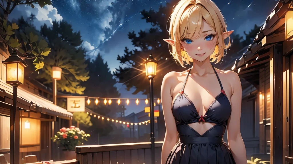 月が照らすnight、超detailed、Transcendently beautiful、Open chest, Wheat-colored flutter、Elf、Portrait of a beautiful 20-year-old girl,night、The dark light shines、A view of the World Tree in the distance , detailedな背景画、Dark Forest、Blue Eyes, detailedな目、detailedな手脚、Red, orange and green particles、Bright red lips, (masterpiece) (Highest quality) (detailed) (8K) (High resolution) (Cinema Lighting) (Sharp focus)、alone、Blonde、short hair、((blush: 0.8)), Natural skin texture, Transparent skin、Delicate body, hair ornaments、Swimwear、