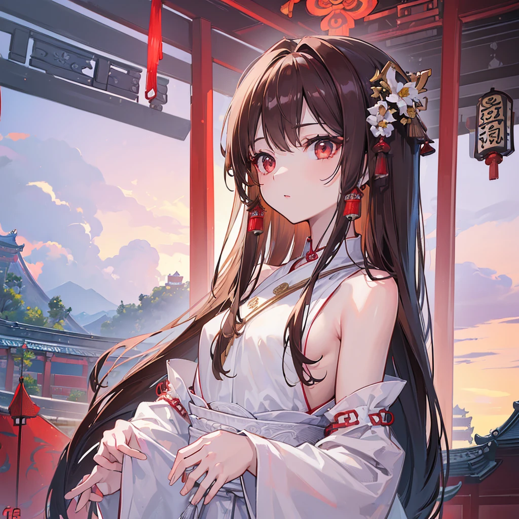 (Highest quality: 1.3, masterpiece: 1.3), Ultra HD, (One person, alone), Atmospheric perspective, Detailed face, Upper Body, compensate, Pink Lips, Cleft lip, Glowing Skin, (Brown Hair), Super long hair, In front of an audience, Red eyes, Earrings, Small breasts, The body is slim, (White silk), (((((East Asian architecture, River side, Beautiful background))), Perfect lighting, (Front lighting), Physically Based Rendering,